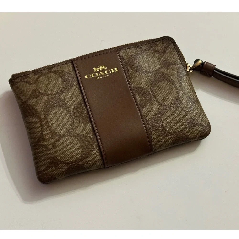 Coach Signature C Canvas‎ Brown Leather Wristlet Pouch Wallet Clutch